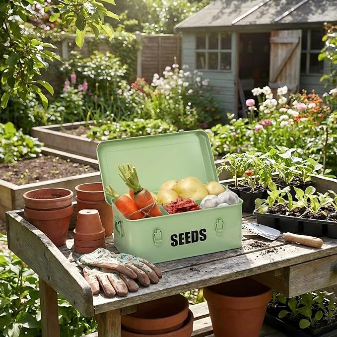Seed Storage Organizer Box with 4 Compartments, Large Metal Seed Packet Container with Lid & Safety Locks, Garden Seed Bin for Saving Seeds with 50 Plant Labels, 20 Envelopes