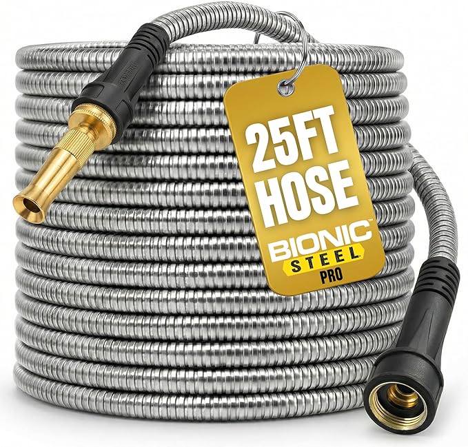 Bionic Steel Pro 25 FT Garden Hose with Nozzle, 304 Stainless Steel Metal Water Hose 25Ft, Flexible Hose, Kink Free, Lightweight and Durable, Crush Resistant Fitting, Easy to Coil, 500 PSI 2025 Model