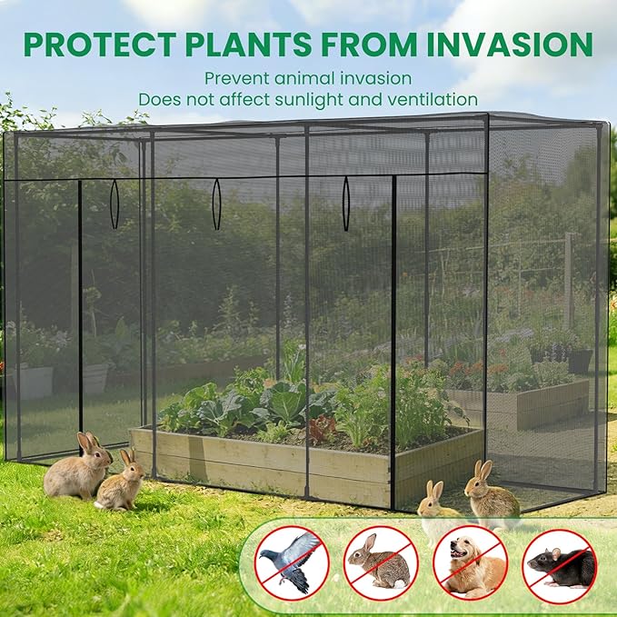 SUNYRISY Garden Plant Netting Crop Cage for Garden Raised Bed, 9.8 x 3.3 x 6 Ft Plant Cover Cage Protectors from Animal for Outdoor Plants with Frame and Zippered Door, Black
