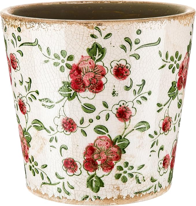 Beeveer Farmhouse Ceramic Planter 5.5 Inch Large Plants Pot Crack Beige Red Rose Flowers Plant Pots with Drainage Hole Indoor Plants Kitchen Rustic Antique Decor Gift