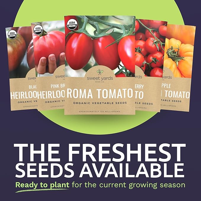 Organic Tomato Seeds Variety Pack - 5 Individual Packs - 2026 Season - Roma, Pink Brandywine, Sweetie Cherry, Black Krim & Pineapple. for Indoor & Outdoor Planting (Non-GMO, Certified Organic)
