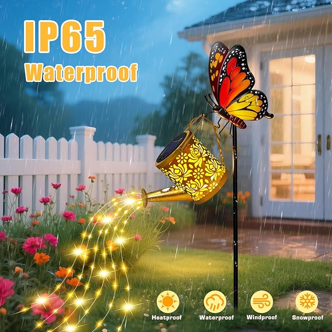 Solar Lights Garden Decor, Mothers Day Gifts, Waterproof Solar Watering Can with Butterfly Garden Stakes, Outdoor Light with Cascading Lights for Outside Patio Porch, Birthday Gift for Women 2 Pack