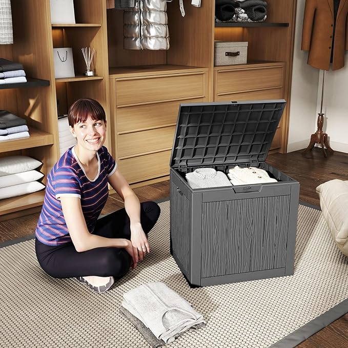 Waterproof Outdoor Storage Box, 30 Gallon Lockable Deck Box, UV-Resistant Outside Storage Bin With Hydraulic Lid For Patio Furniture, Cushion Organizer, Garden Tools, Pool Accessories, Black