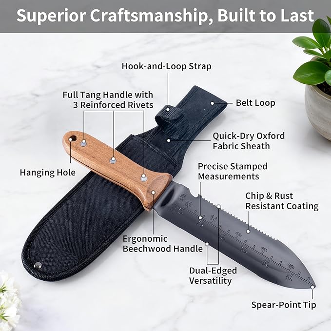 YANG Hori Hori Garden Knife, 7" Stainless Steel Gardening Knife with Oxford Cloth Sheath, Full Tang Beechwood Handle Garden Tool for Digging, Planting & Weeding, Pointed Tip for Hard Soil