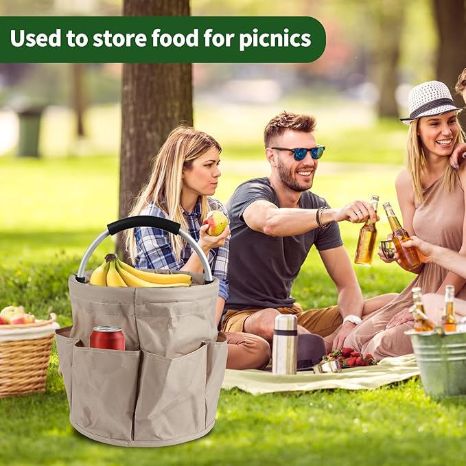 Gardening Storage Tote with Handle and 6 Pockets, Folding Garden Tool Basket, Storage Bag for Outdoor Picnic Organizer, 17L Cleaning Organizer, Bathroom Organizer, Garden Tool Kit Holder (Khaki)