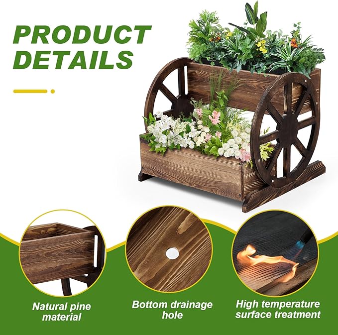 Wooden Wagon Planter Box Decorative Wooden Cart Rustic Flower Pot Garden Wagon Decor with Wheels for Indoor Outdoor Patio Garden Balcony Backyard Decoration (1 Pcs,Unmovable Carriage Style)