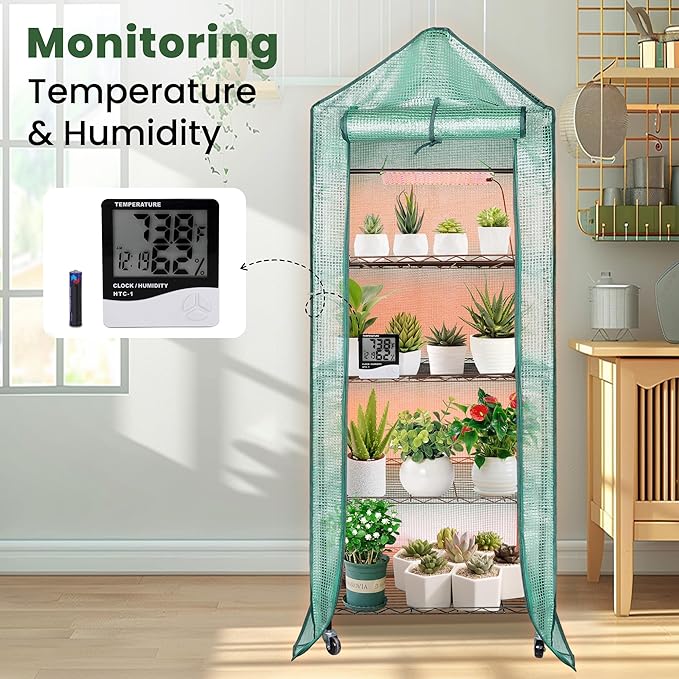 Mini Indoor Greenhouse with Grow Light, Portable 4-Tier Plant Stand with PVC Cover, Adjustable Shelves & Thermohygrometer for Seed Starting & Plant Growth, 70 x 23 x 19'', 32W Grow Light