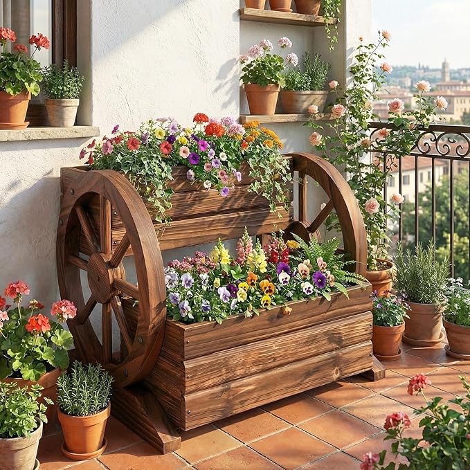 Giantex Wooden Wagon Planter Box, Garden Planter with Drainage Holes & Wheels for Flowers Herbs Vegetables, Indoor Outdoor Decorative Flower Cart for Patio Garden Balcony (2)