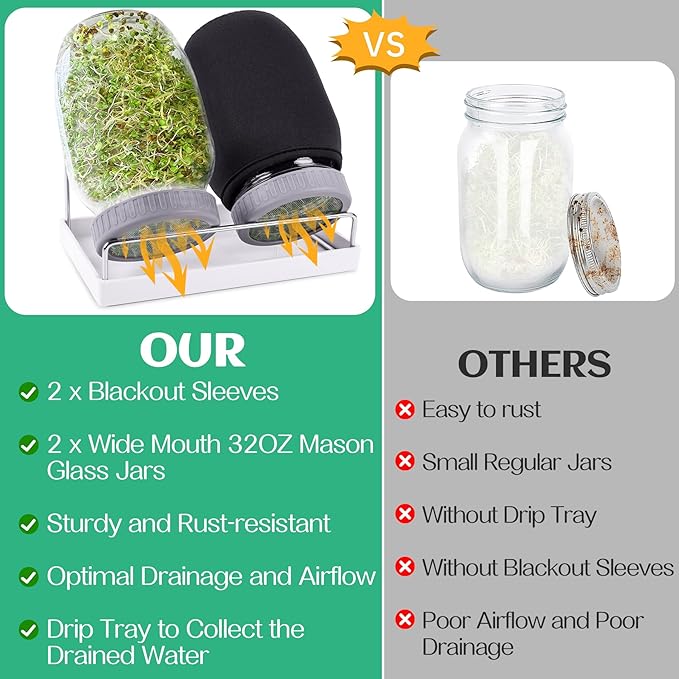 Kikerike Seed Sprouting Jar Kit with 2 Wide Mouth Mason Jars Bean Sprouts Growing Kit Microgreens Growing Jar with Mesh Screen Lids Sprouter Sprouts Maker for Growing Broccoli, Alfalfa, Mung Bean