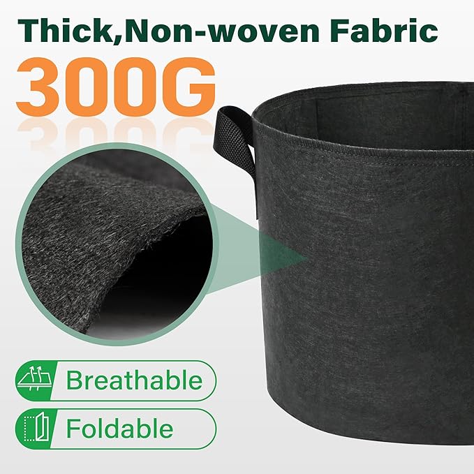 LotFancy 5 Pack 5 Gallon Grow Bags, 300G Thickened Nonwoven Fabric Pots with Reinforced Handles, Heavy Duty Aeration Planter Bags for Vegetables Flowers Fruits, Black