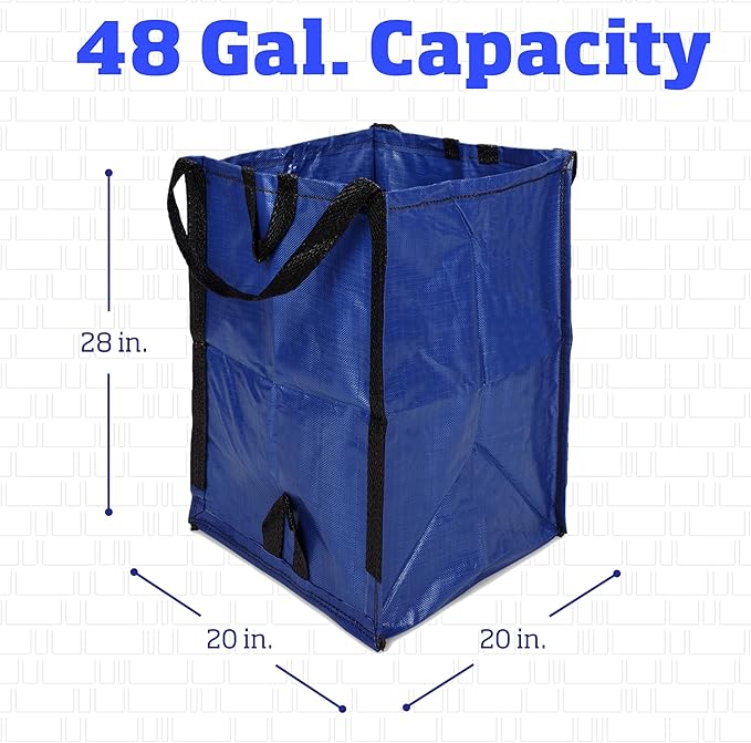 DURASACK Heavy Duty Home and Yard Waste Bag 48-Gallon Woven Polypropylene, Reusable Lawn and Leaf Garden Bag with Reinforced Carry Handles, Pop-Up Self-Standing Garbage Can, Blue (Pack of 2)