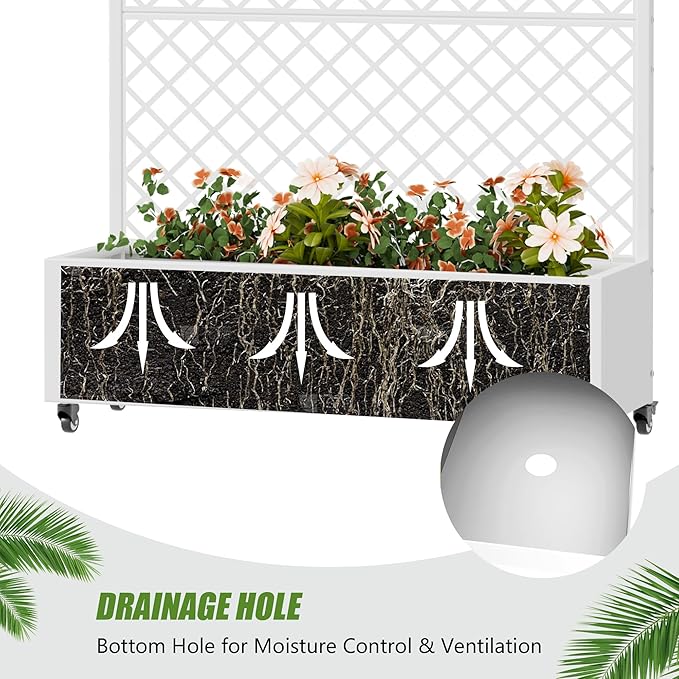 Casaphoria Metal Raised Garden Bed with Trellis and Wheels, 72"x47"x16" Arched Planter Box for Climbing Plants, Vegetables & Vines, Features Drainage Holes and Privacy Screen, White-Rhombus