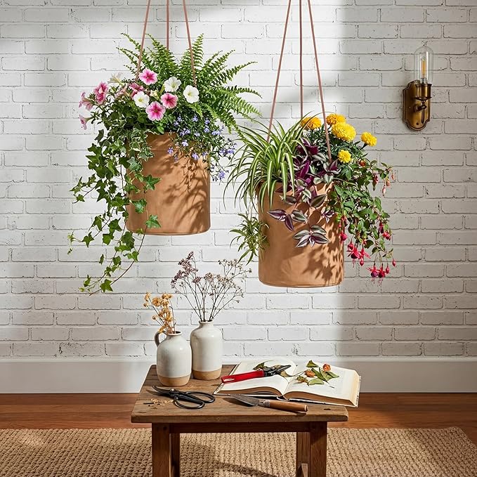 2 Pcs Hanging Planters for Indoor Outdoor 6'' Washed Cowhide Plant Basket Hanging Hanger Flower Pot Plant Holder Decorative Container for Home Wall Decor