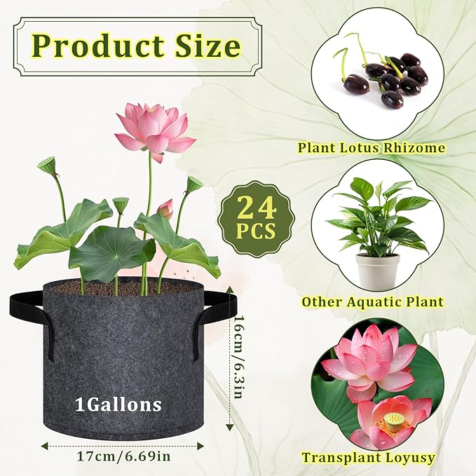24 Pack 1 Gallon Aquatic Plant Pots, Reusable Fabric Aquatic Plant Baskets, Breathable Pond Plant Grow Bags with Handles for Water Lily, Lotus, Bog Plants, Aquatic Flowers