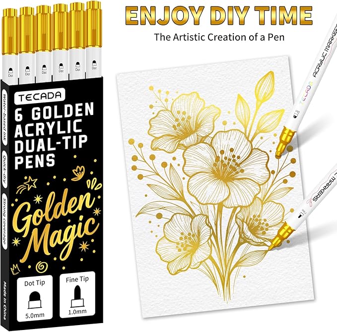 6 Gold Acrylic Paint Markers, Dual-Tip Acrylic Paint Pen for Rock, Fabric, Wood, Plastic, Canvas, Ceramic, Glass, Metal, DIY Crafts Art Supplies, Dot and Fine Tips
