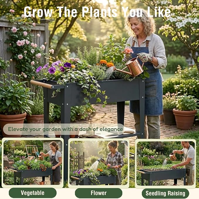 Raised Garden Bed Outdoor with Wheels, Leg and Wooden Handle, 29.5x13.4x32.3in, 350lb Cap, Metal Elevated Raised Planter Box for Herb, Vegetable, Perfect for Backyard, Balcony, Light Black