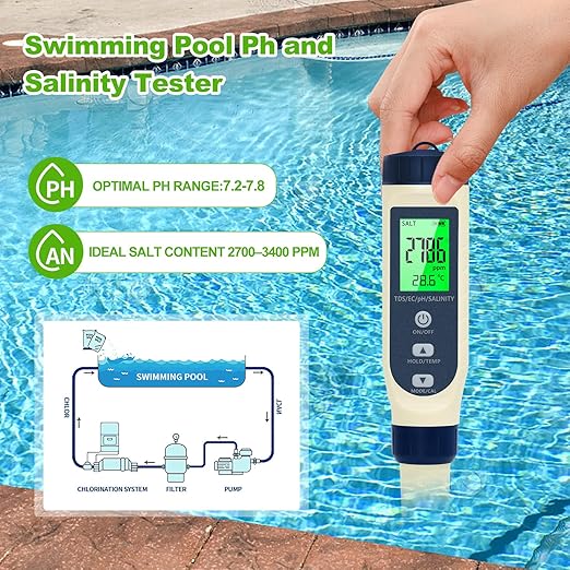 Pious PH Tester Digital, 5 in 1 PH Meter for Water/Salinity Meter/tds/ec/Thermometer, Pool Salt Tester with Constant Temperature Compensation, Suitable for Drinking Water Swimming Pools Aquariums
