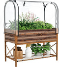 Outsunny Raised Garden Bed with Cover and Storage Shelf, Rectangular Metal Elevated Planter Box with Legs and Bed Liner for Vegetables, Flowers, Herbs, Dark Brown