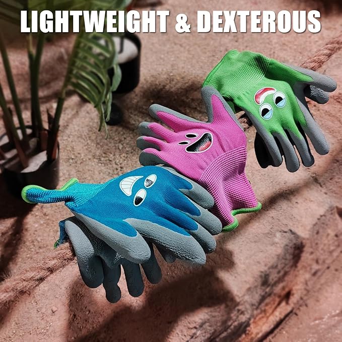 Kids Gardening Gloves for Age 3-12, Toddler Rubber Coated Garden Gloves, Kids Work Gloves, for Children, Boys and Girls