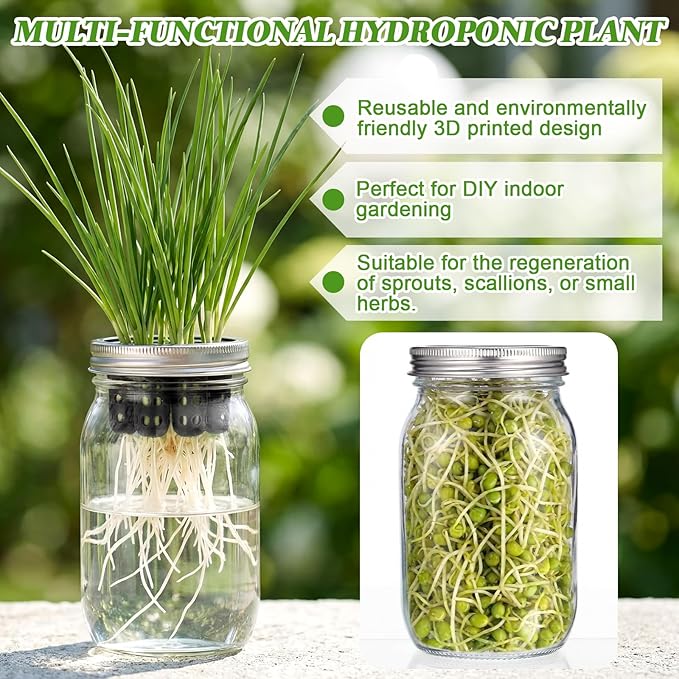 Seed Sprouting Set Green Onion Regrower Kit Includes Regrower Sprouting Lids and a Mouth Mason Jar for Sustainable Windowsill Gardens and Hydroponics for Growing Broccoli and Beans (Black)