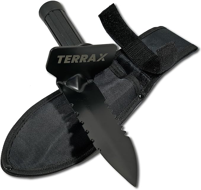 TerraX Master Digger 34" Root/Sod T-Handle Shovel and Double Serrated Hand Digger with Belt Sheath - Landscaping, Gardening, Metal Detecting, Gold Prospecting
