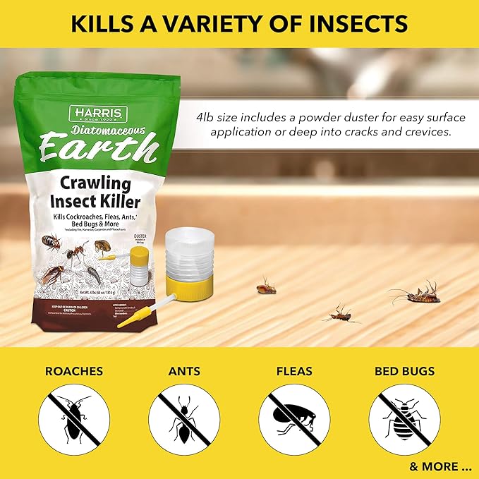 Harris Diatomaceous Earth Crawling Insect Killer, 4lb with Powder Duster Included Inside The Bag
