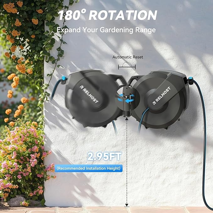 Retractable Garden Hose Reel, 1/2 in x 100 ft Wall Mount Heavy Duty Hose Reel with Any-Length Lock, Auto Rewind System, 180° Swivel Bracket, and 10-Pattern Nozzle for Garden, Dark Grey