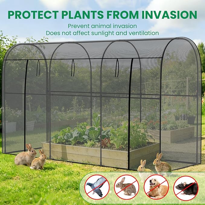 SUNYRISY Garden Plant Netting Crop Cage for Garden Raised Bed, 9.8 x 3.3 x 6 Ft Plant Cover Cage Protectors from Animal for Outdoor Plants with Frame and Zippered Door, Black