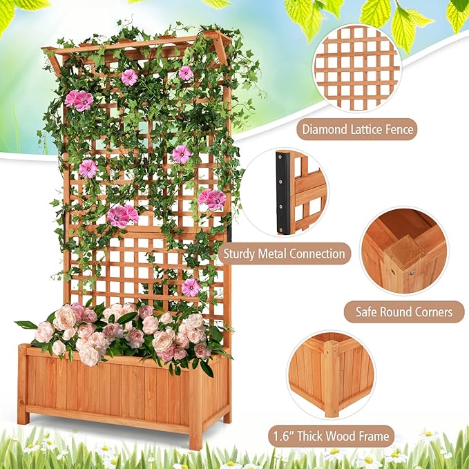 Wooden Planter Box with Trellis, 72.5” Freestanding Garden Planter w/Hanging Roof, 4 Drainage Holes & Lattice Panel, Raised Garden Bed with Trellis for Vine Climbing Plants Flowers (2)