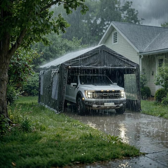 Car Ports, 10X20 Ft Heavy-Duty Carports with Roll-Up Windows, Portable Garages with Removable Side Walls and Doors, Trucks and Cars with All-Season Waterproof Pe Tarps
