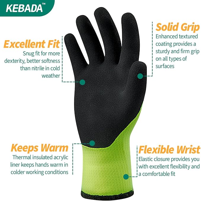 Kebada T3 Winter Work Gloves for Men and Women, Warm Knit Cold Weather Work Gloves, Thermal Insulated Freezer Gloves, 100% Latex Coating Non-slip Grip, Long Wrist Design, 1 Pair, Green, X-Large