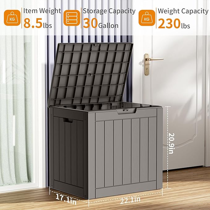 Waterproof Outdoor Storage Box, 30 Gallon Lockable Deck Box, UV-Resistant Outside Storage Bin With Hydraulic Lid For Patio Furniture, Cushion Organizer, Garden Tools, Pool Accessories (Grey