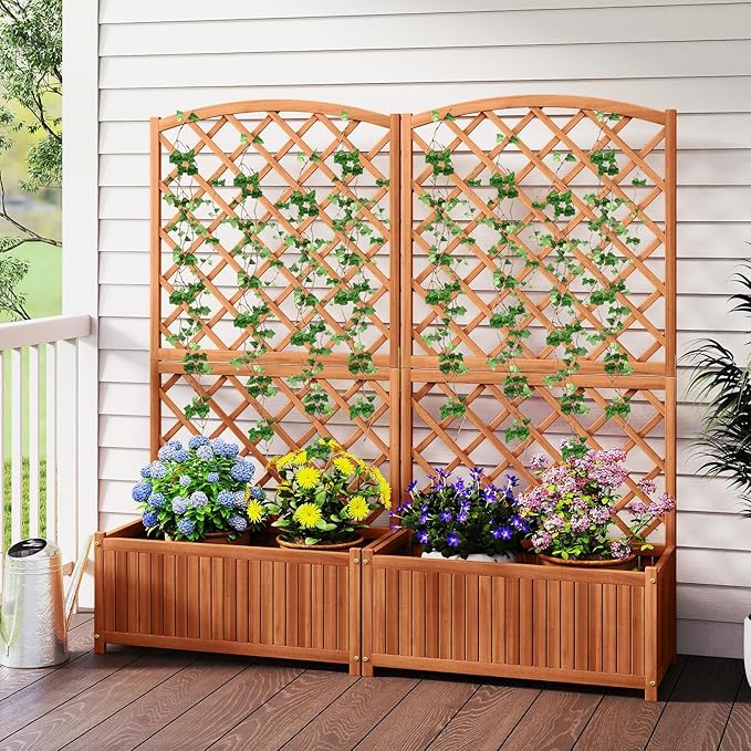 HAPPYGRILL Wooden Raised Garden Bed with Trellis, 63" Tall Planter Box with Trellis & Slat Bottom Base Vine Climbing Plants Flowers, Outdoor Freestanding Garden Box for Backyard Balcony (1)