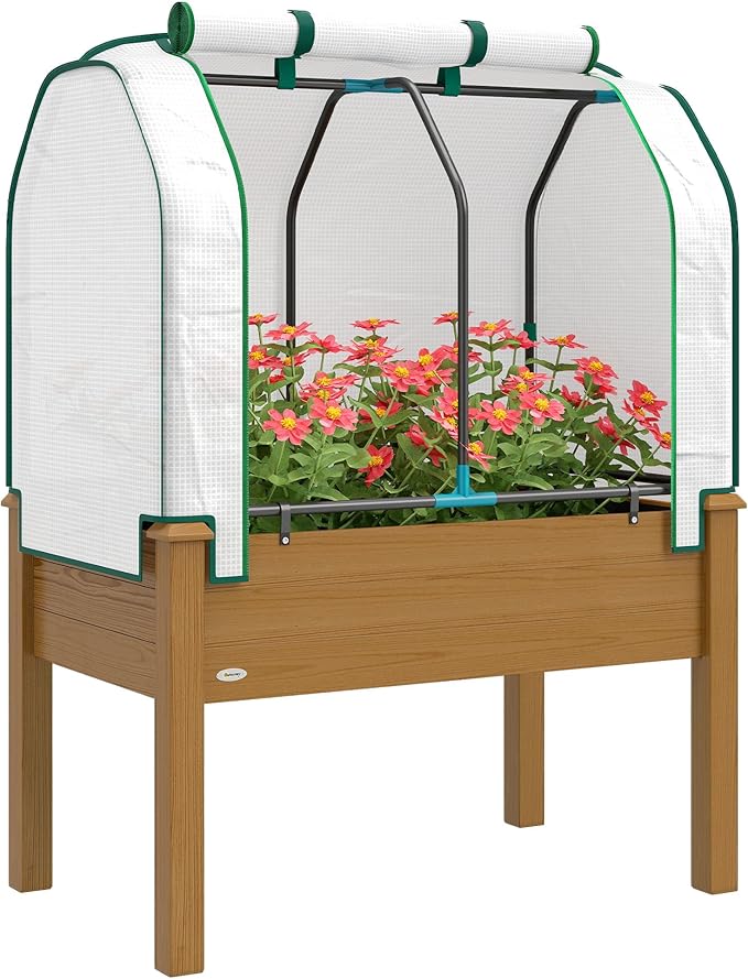 Outsunny Raised Garden Bed with PE Greenhouse Cover Outdoor Elevated Wood Planter Box for Herbs and Vegetables, Use for Patio, Backyard, Balcony, 35 x 22 x 47 inch, Brown