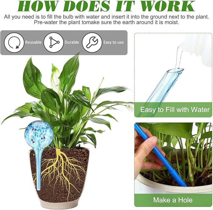 Eccliy 12 Pcs Automatic Plant Watering Globes Glass Self Watering Bulbs Decorative Garden Waterer Cans Glass Drip Ball for Indoor Outdoor Plants Flower Irrigation