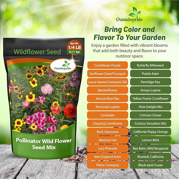 Outsidepride Pollinator Wildflower Seed Mix - 1/4 lb Flower Seeds for Attracting Pollinators, Ideal for All States, Enhances Garden Biodiversity, Supports Bees, Butterflies & Beneficial Insects