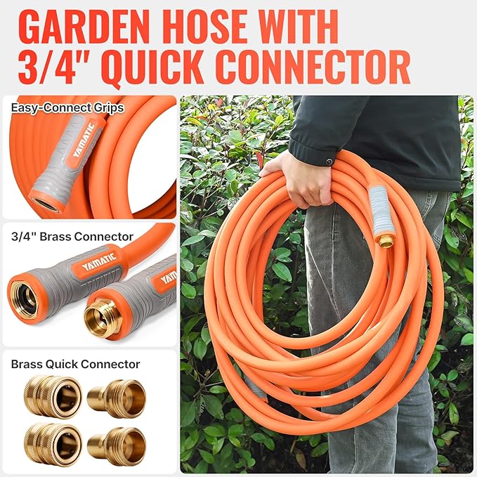 YAMATIC Garden Hose 5/8 in x 40 ft, Ergonomic Swivel Fittings, Burst 600 PSI, Heavy Duty, Flexible and Lightweight Water Hose with 2 Set Quick Connect
