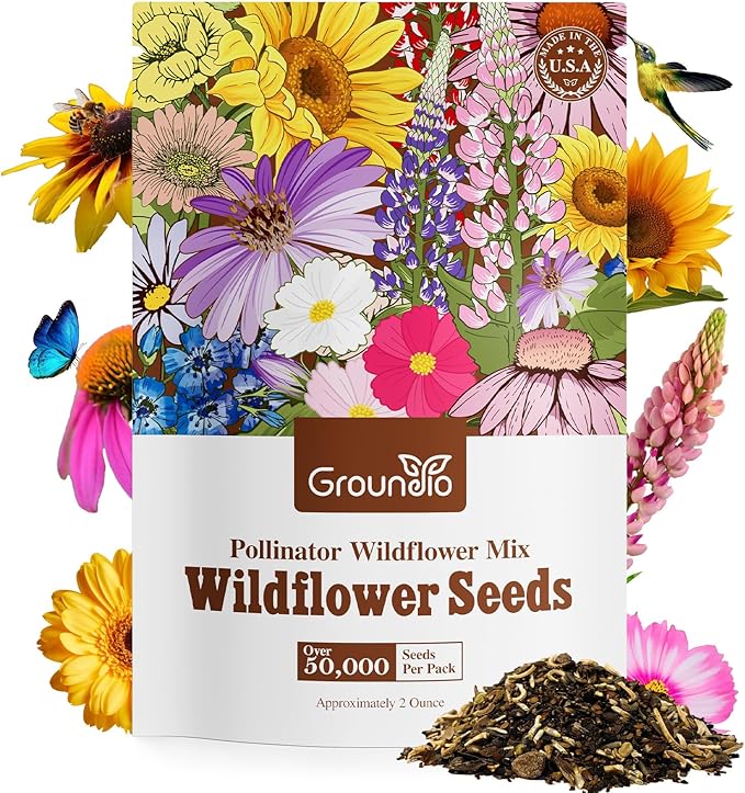 Wildflower Seeds Mix, 2 Oz, 50,000+ Seeds, 28 Varieties, Attracts Bees, Butterflies & Birds, Colorful Flowers