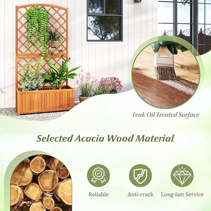Giantex Solid Acacia Wood Planter Box with Trellis, 63" Raised Garden Bed with Trellis, Plant Box, Slat Base, Outdoor Privacy Planter for Vine Climbing Plants Flowers, Garden, Patio, Balcony