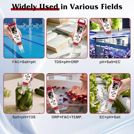 pH Chlorine Meter Digital 7 in 1, Pool ORP Salinity Meter Test pH CL Salt ORP EC TDS Temp, for Pools Aquariums Hydroponics Drinking Water Hot Tubs, Water Test Kit, with Calibration Solution
