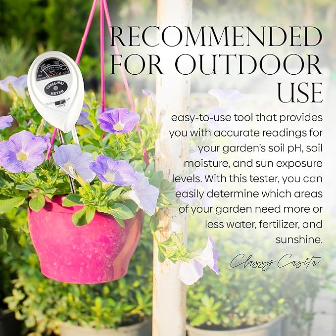 Classy Casita 3-in-1 Garden Soil Tester- Three Way Plant Soil Test Kit to Measure Soil Moisture, pH-Value, and Sunlight, and Classy Casita Soil Moisture Meter w/Plant Watering & Care eBook, White