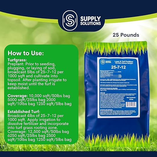 Supply Solutions 25-7-12 Lawn and Turf Fertilizer - 15% Slow Release Nitrogen Lawn Fertilizer for All Grass Types, Shrubs - Turf Builder Plant Food Covers 6,250 sq.ft (25lbs)