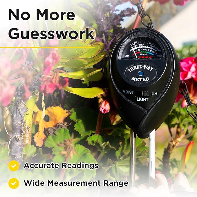 Classy Casita 3-in-1 Soil Moisture, Light, pH Meter - Hygrometer Tester for Indoor and Outdoor Plants - Monitor Levels for Garden, Farm, Lawn, houseplants, Potted Care - No Batteries Required - Black