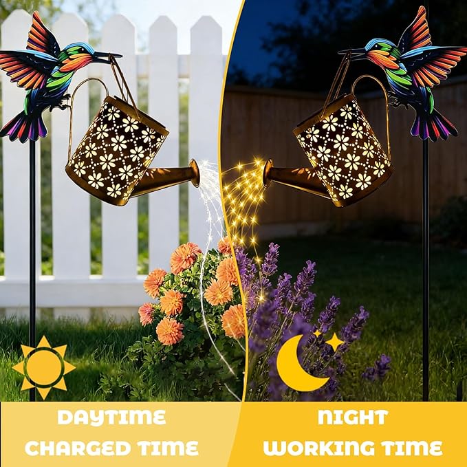 Solar Watering Can Lights, Waterproof Garden Lanterns with Shepherd Hook, Butterfly Hanging Lanterns Decor for Patio Yard Lawn Walkway, Perfect Gardening Gift for Women Mom Grandma (Hummingbird-B)