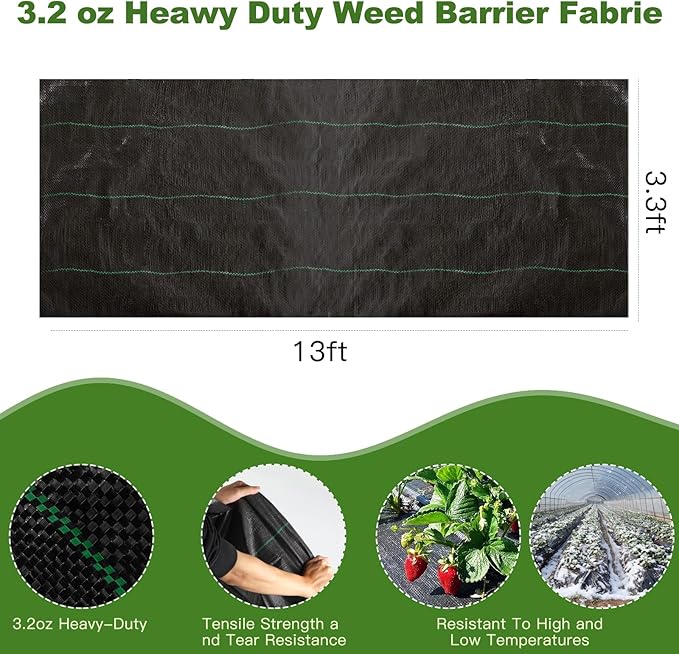 3.3FT×13FT Weed Barrier Fabric,Landscape Fabric,3.2oz Weed Barrier Fabric Heavy Duty,Weed Control Garden Cloth,Woven Geotextile Fabric for Garden Beds, Underlayment, with 4 U-Securing Pegs