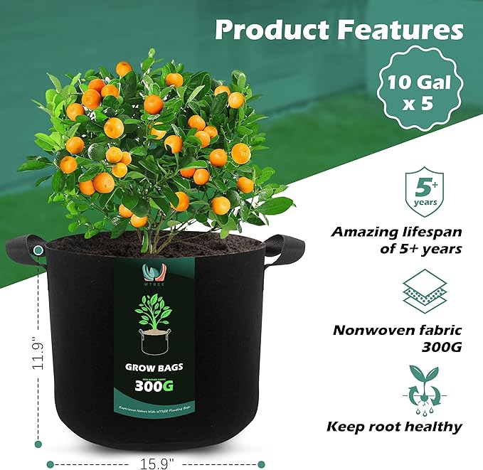 5-Pack 10 Gallons Grow Bags - Heavy Duty 300G Thickened Aeration Nonwoven Fabric Pots with Handles - Ideal Cloth Pots for Plants - Planters Accessories, Garden Vegetables Supplies