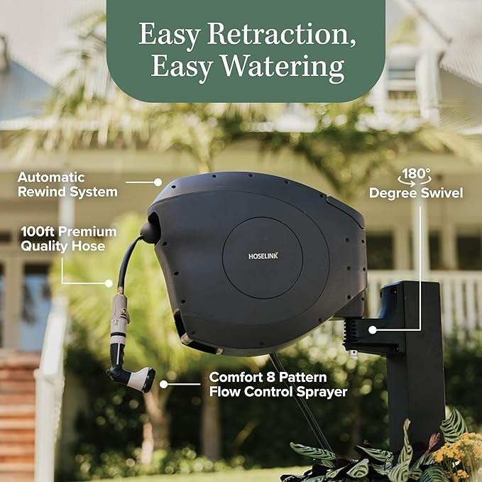 HOSELINK Classic Charcoal 100ft Automatic Retractable Hi-Flow Garden Hose Reel, 1/2" UV-Stabilized Kink-Free Hose, Wall Mounted Complete Watering Solution for Backyard, Garden & Outdoor
