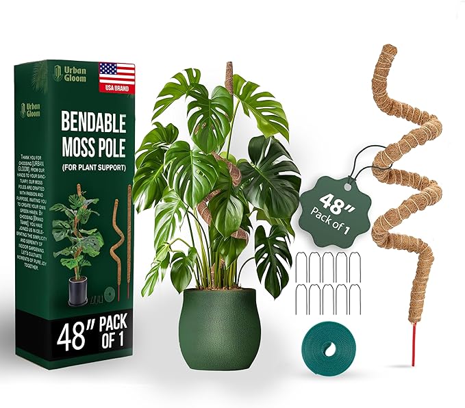 Bendable Moss Pole 48 Inch for Monstera & Climbing Plants – Coco Coir Moss Stick for Indoor Plant Support, Trellis Pole for Pothos, Philodendron, Plant Stake for Home Gardeners 5 Pins & 1 Tape