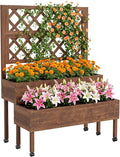 Garvee Raised Garden Bed with Trellis & Wheels, 2-Tier Outdoor Wooden Elevated Planter Box with Legs & Drainage Holes, Vertical Planter Box Stand for Backyard, Patio, Balcony, Brown