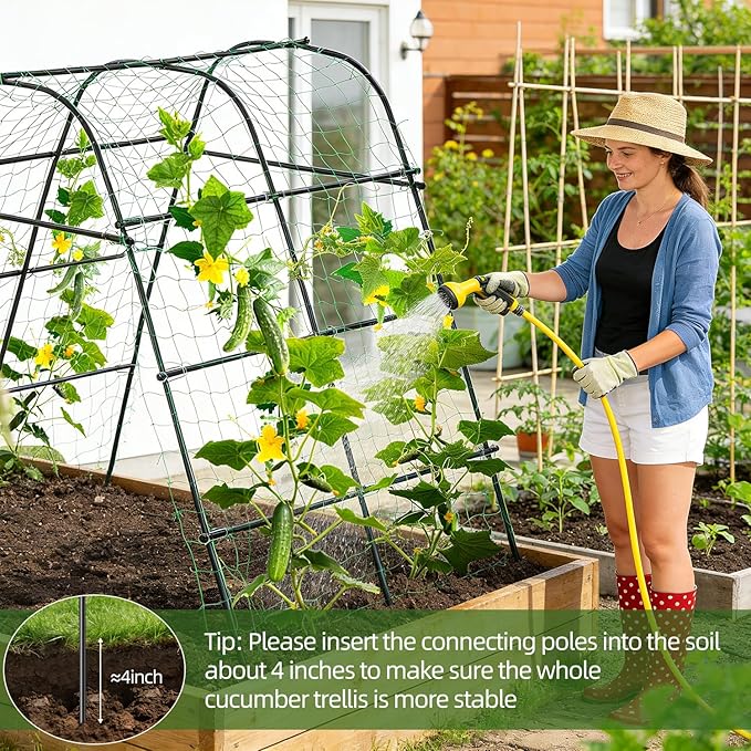Cucumber Trellis for Raised Bed 67" x 67" U-Frame Garden Arch Tunnel with Netting Vegetable Fruit Flower Lightweight Metal Plant Support for Climbing Plants Outdoor,Black